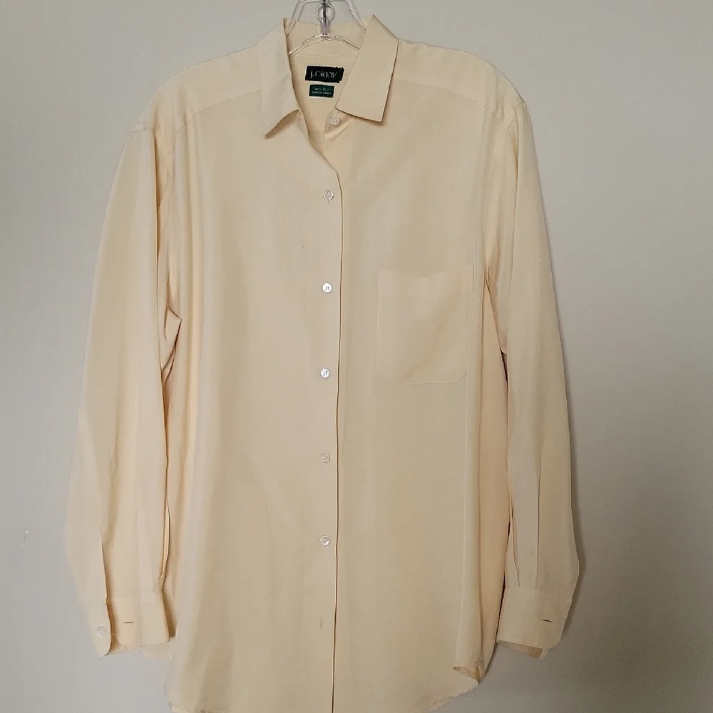 Vintage J Crew 90s Green Tag 100% Silk Shirt Oversized Boyfriend Butter Yellow S